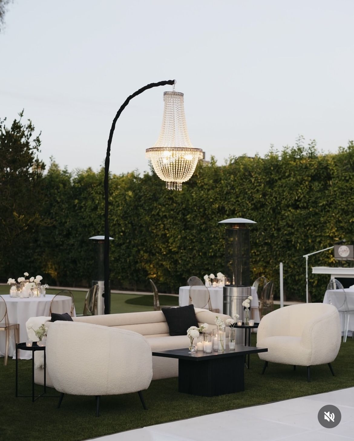 Ivory Boucle Lounge Sofa with Crystal Chandelier Arc Stand